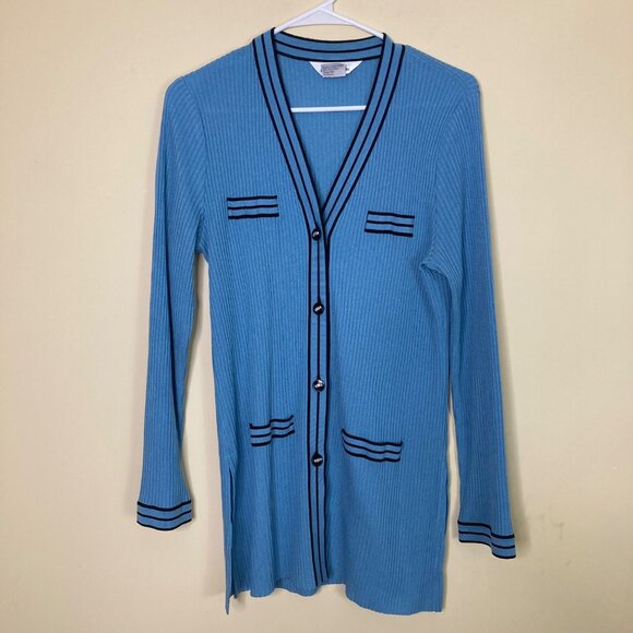 Misook Sweaters - Exclusively Misook Womens M Blue Ribbed Long Cardigan Sweater Acrylic Flawed